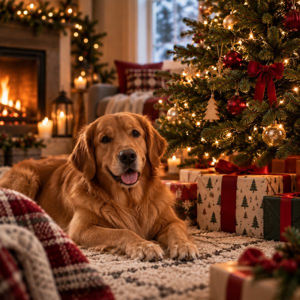 A golden retriever by the tree