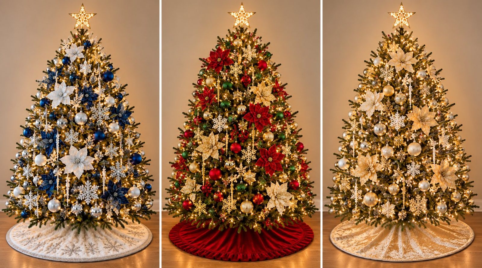 Three Fraser firs decorated with the Winter Wonderland, Holiday Classic and Gold & Glam kits