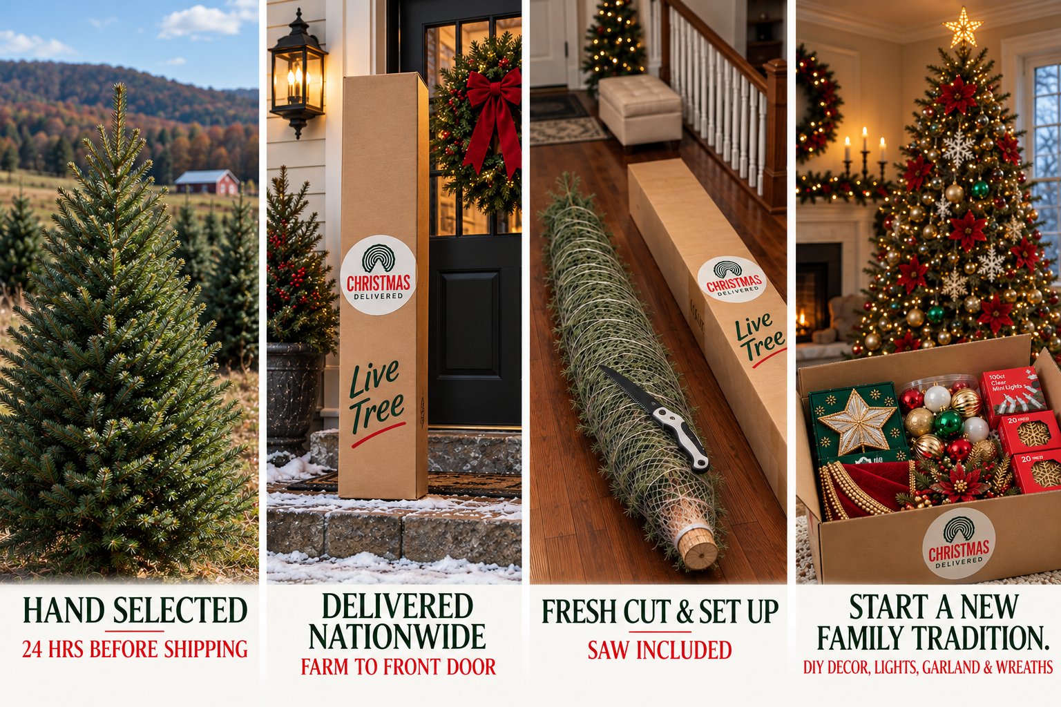 How it works: hand selected 24 hours before shipping, delivered nationwide from farm to front door, fresh cut and set up with the saw included, and a new family tradition with DIY decor, lights, garland and wreaths