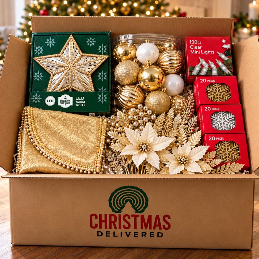 A decor kit box of gold ornaments, lights and a tree topper
