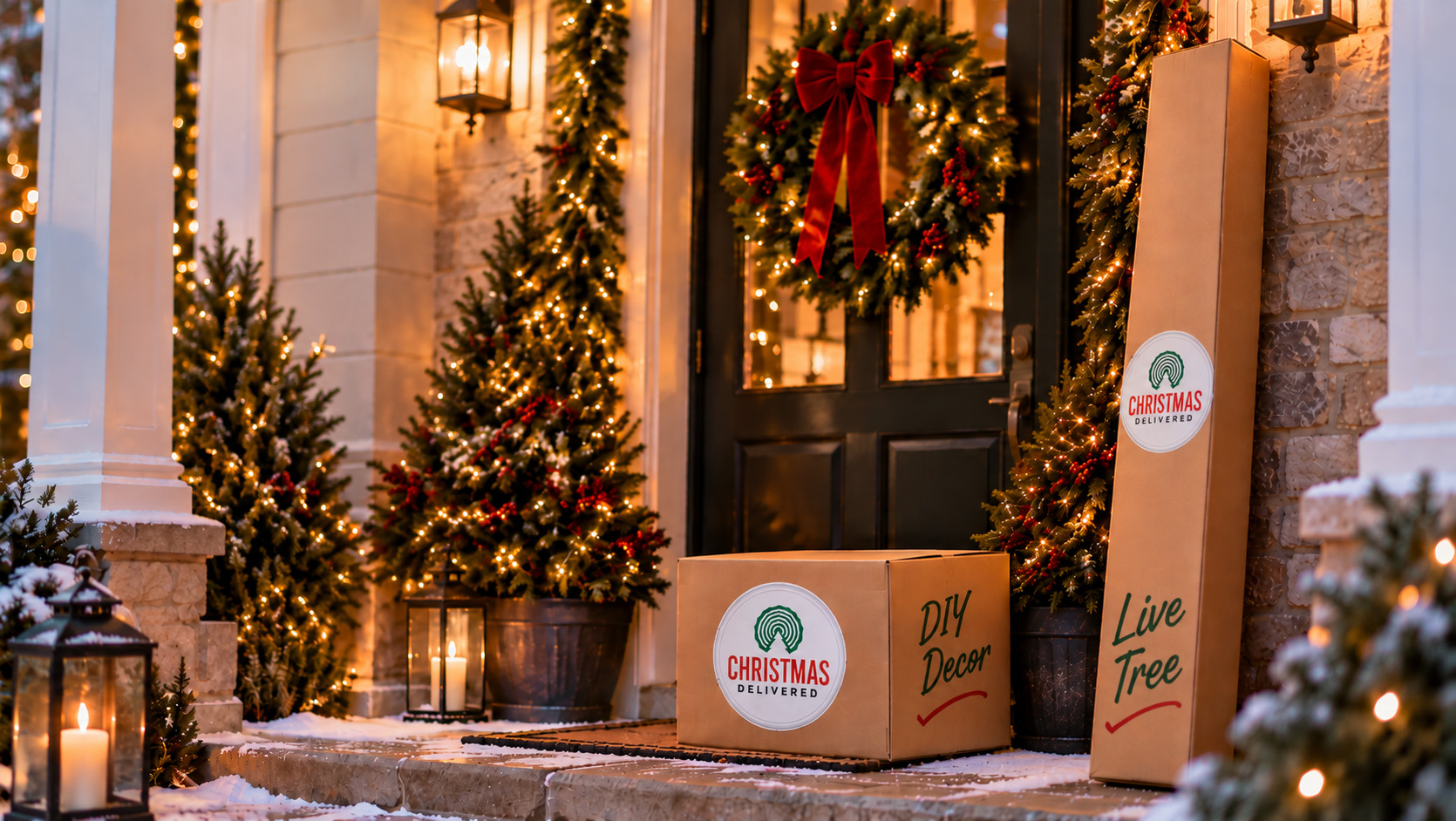 A Christmas Delivered tree box and decor box on a decorated porch